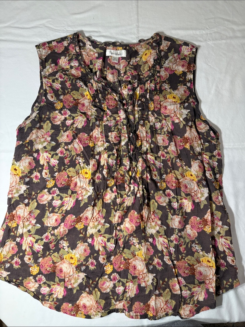 Dress Barn Brown Floral Sleeveless Top with Pink & Yellow Flowers